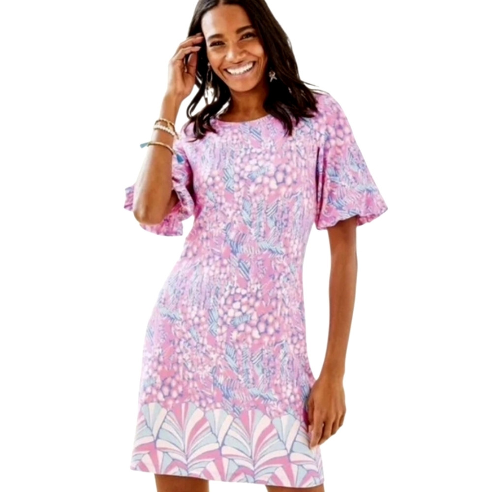 Lilly Pulitzer Britton Pink Sorbet Puffed Sleeve Knit Resortwear Dress